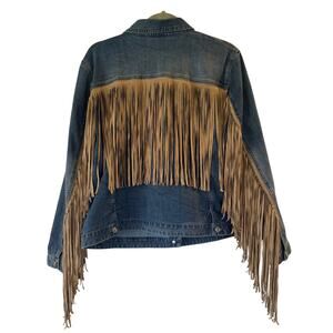 Denim Fringe Western Jacket - Blue with Tan Fringe